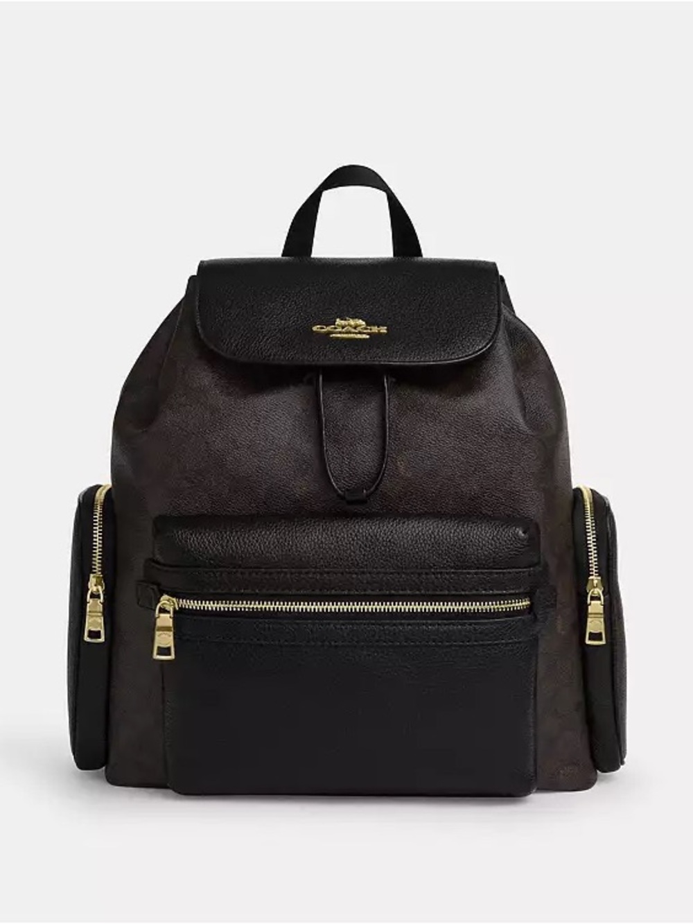 Coach Black and Brown Signature Backpack with Gold Hardware